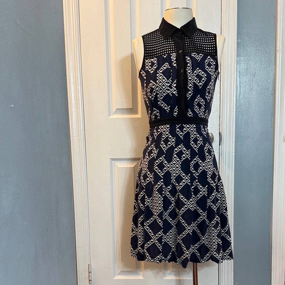 Trina Turk Navy and White Geometric Mini Dress